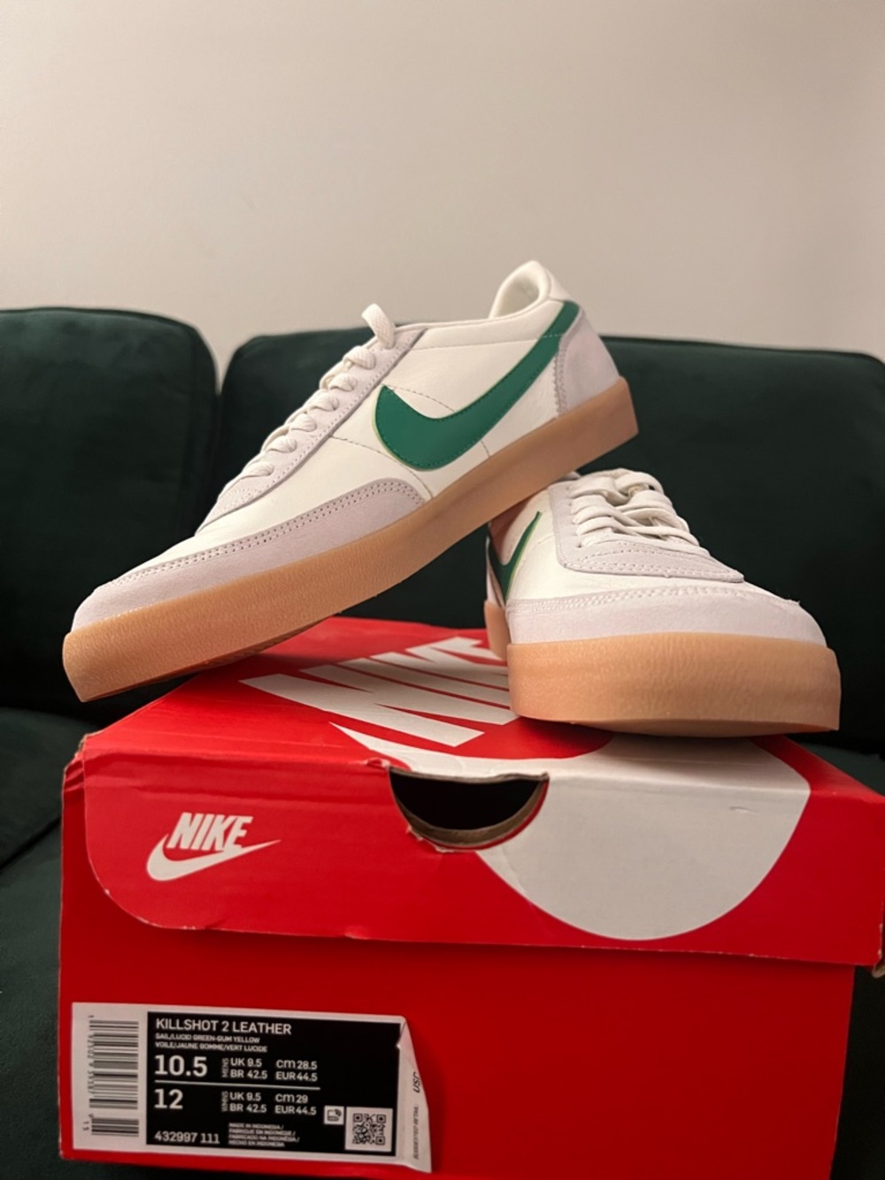 Nike White Sneakers with Green Swoosh and Gum Sole